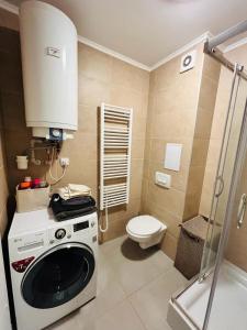 ブラチスラヴァにあるKrásny útulný byt s balkónom a parkovaním!のバスルーム(洗濯機、トイレ付)