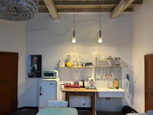 a small kitchen with a refrigerator and a counter at "PALAZZO SABBIONI" Romantic Apartment with Kitchen Park View in Ferrara