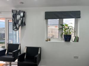 una habitación con 2 sillas y una ventana con una planta en Beautiful apartment in slough en Stoke Poges