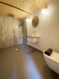 La salle de bains est pourvue d'un lavabo, de toilettes et d'un miroir. dans l'établissement Oceanfront View Country House - (Airport 10 min.), à Sandavágur