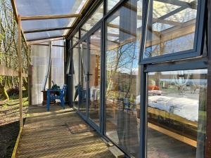 a glass house with a bed inside of it at Sky gazer cabin in the woods in Dublin