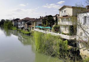Grenade-sur-lʼAdourにあるStudio de Tourisme Tilleulsの川の隣に家屋や建物が並ぶ川
