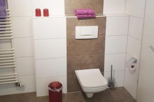 baño con aseo y toalla púrpura en Apartment in Hürtgenwald, en Hürtgenwald