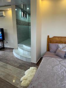 a bedroom with a shower and a bed with a rug at Luxurious peaceful retreat in Freetown