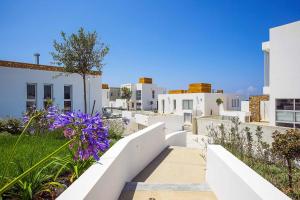 a white building with white walls and purple flowers at Villa Indigo Paphos in Paphos City