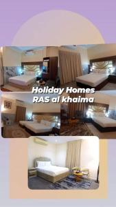 un collage di tre foto di una camera d'albergo di Holiday Homes a Ras al Khaimah