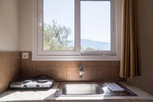 a kitchen counter with a sink and a window at Aroma Studios in Lakithra