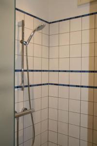 um chuveiro numa casa de banho com azulejos azuis e brancos em Lago di Lugano, riante complete vakantiewoning em Brusino Arsizio