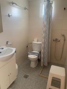 a bathroom with a toilet and a sink and a shower at Sea View Studios Bali Harbour Beach in Balíon