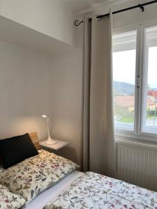 1 dormitorio con cama y ventana en SOMMERHAUS JOSEFA en Mühldorf