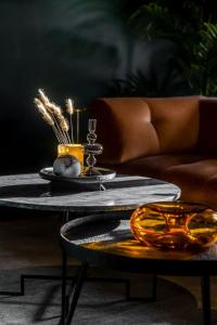 xhotel في لودفيكا: طاولة قهوة في غرفة معيشة مع أريكة