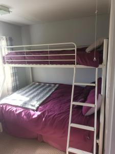 a bedroom with two bunk beds and a purple bed at Collier's Corner Chalet California Sands Scratby Great Yarmouth in Scratby