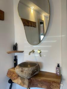 a bathroom with a stone sink and a mirror at Hart van Petten in Petten