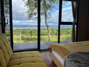 a bedroom with a bed and a large window with a view at The Cabin in the Woods in Dublin