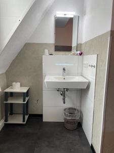 La salle de bains est pourvue d'un lavabo et d'un miroir. dans l'établissement Etna Hotel & Ristorante, à Veitshöchheim