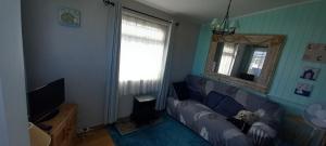 グレート・ヤーマスにある3 Bed Chalet - Sleeps 6 - Parking - Garden - Wifiのリビングルームのソファに座る犬
