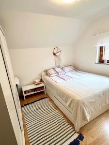 een slaapkamer met een bed en een tapijt bij Vineyard Cottage Planinc in Črnomelj