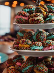 a stack of three tiers of donuts with sprinkles at Rönneberga Konferens in Lidingö