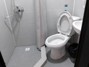 a bathroom with a toilet and a shower and a sink at GOLDEN TRIP Hotel in Yunusobod