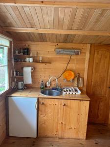 uma pequena cozinha com um lavatório e um fogão em Bungalo em Jūrmala