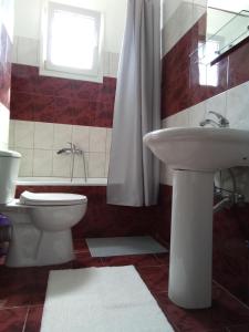 uma casa de banho com um lavatório, um WC e uma janela. em EvropisHouse em Kozani