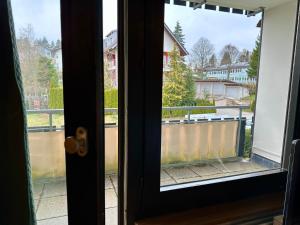 una puerta abierta con vistas a un balcón en Gemütliche Ferienwohnungen mit Pool & Sauna, en Höchenschwand