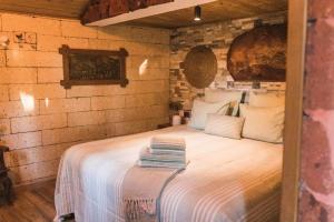 a bedroom with a bed with books on it at Cueva los Almendros in Vilaflor