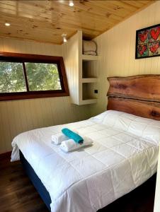 1 dormitorio con 1 cama con 2 toallas en Cabañas hualle sur cerca huilo huilo en Panguipulli