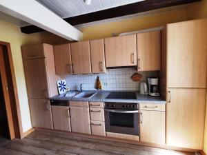 a kitchen with wooden cabinets and a sink at Ferienwohnung-Kornkammer in Presen