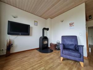 a living room with a blue chair and a wood stove at Doppelhaushaelfte-Kornblume in Presen