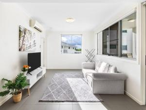 un salon avec un canapé et une télévision dans l'établissement Chic Modern Retreat 1BR Apt w pool Kelvin Grove, à Brisbane