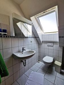 un bagno con lavandino e WC di Ferienwohnung-Apfelbluete a Presen