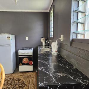 Eua Accommodation في ‘Ohonua: مطبخ مع كونتر مع حوض وثلاجة