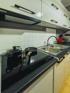 a kitchen counter with two pots and a sink at Downtown golden apartment in Kalamata