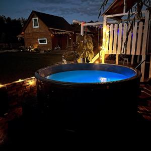 a large tub filled with blue water in a yard at Domki na Mazurach - Marksewo in Szczytno