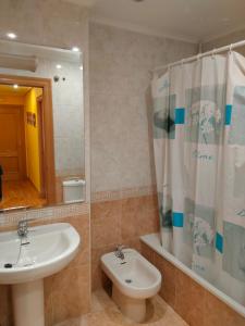 a bathroom with a sink and a toilet and a mirror at Apartamento Cuco con Piscina in Logroño +5 photos
