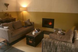 uma sala de estar com dois sofás e uma lareira em Creatively converted barn in accessible rural spot em Llanwrda