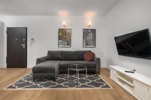 Il comprend un salon doté d'un canapé et d'une télévision à écran plat. dans l'établissement Apartament Grzybowska 85 Premium by Your Freedom, à Varsovie