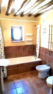 uma casa de banho com uma banheira, um WC e uma televisão. em 6 bedrooms villa with private pool enclosed garden and wifi at Villanueva del Trabuco em Villanueva del Trabuco