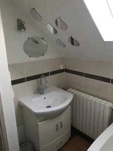 uma casa de banho com um lavatório e um espelho na parede em MAISON AVEC JACUZZI PRIVATIF em Cambrai