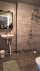 a bathroom with a sink and a shower with a mirror at Hammarstrand B&B och lägenhet in Hammarstrand