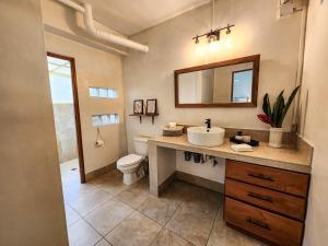 W łazience znajduje się umywalka, toaleta i lustro. w obiekcie Tropical Paradise, Oceanfront Home in the Jungle w mieście Bocas del Toro