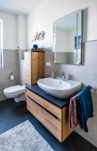 ein Badezimmer mit einem Waschbecken, einem Spiegel und einem WC in der Unterkunft Hangar 19 Luxusbungalow am See H8 in Schwerin