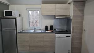 eine kleine Küche mit einer Spüle und einer Mikrowelle in der Unterkunft Mobil home les sables d'or in Cap d'Agde