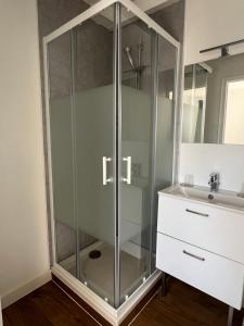 a glass shower in a bathroom with a sink at Hôtel Restaurant La Tonnelle in Mios