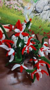 a bunch of red and white flowers on a table at Cần Thơ Farmstay in Can Tho