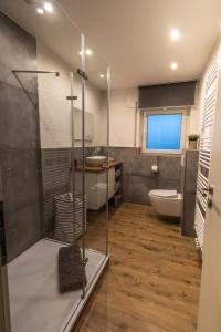 y baño con ducha, aseo y lavamanos. en Südschleife Appartements - WLAN - Direkt am Ring, en Reimerath