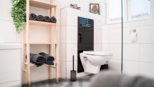 a white bathroom with a toilet and a shower at Altstadt I Glasfaser I Business I free parking in Quedlinburg