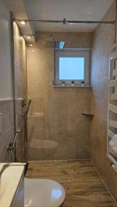 y baño con ducha, ventana y lavamanos. en Enny Suite Apartment im schönen Rheinland en Lohmar
