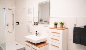a white bathroom with a sink and a shower at Altstadt I Glasfaser I Business I free parking in Quedlinburg